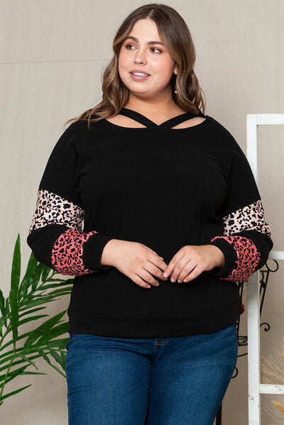 swvws Plus Size Leopard Dropped Shoulder Long Sleeve T-Shirt