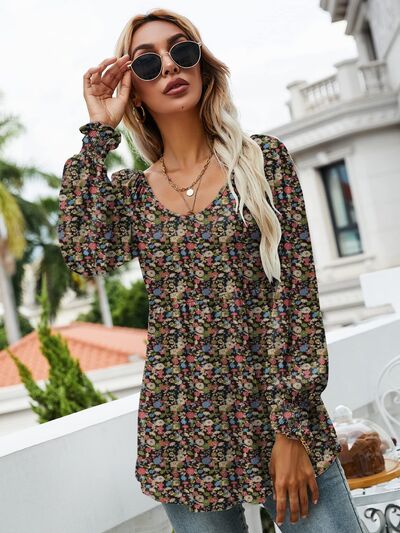 swvws Printed Scoop Neck Lantern Sleeve Blouse