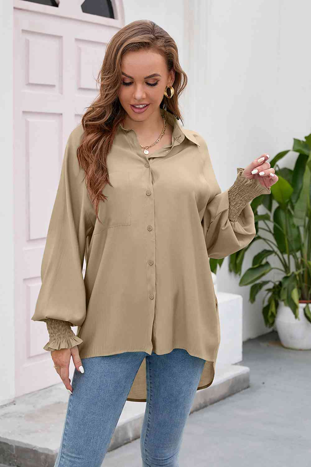 swvws High-Low Collared Neck Lantern Sleeve Shirt