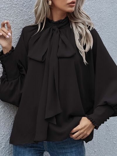 swvws Tie Neck Lantern Sleeve Blouse