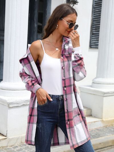 swvws Plaid Belted Collared Neck Button Up Jacket