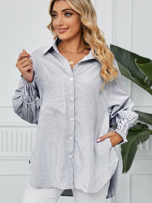 swvws Striped Button Up Smocked Long Sleeve Shirt