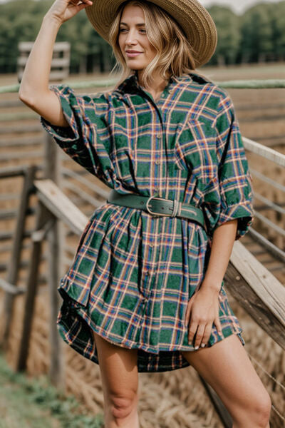 swvws Plaid Button Up Collared Neck Shirt Dress