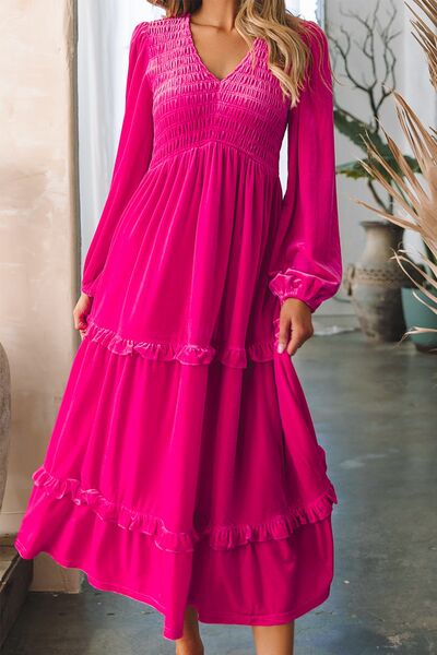 swvws Frill V-Neck Balloon Sleeve Tiered Dress