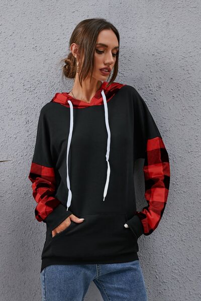 swvws Plaid Drawstring Dropped Shoulder Hoodie