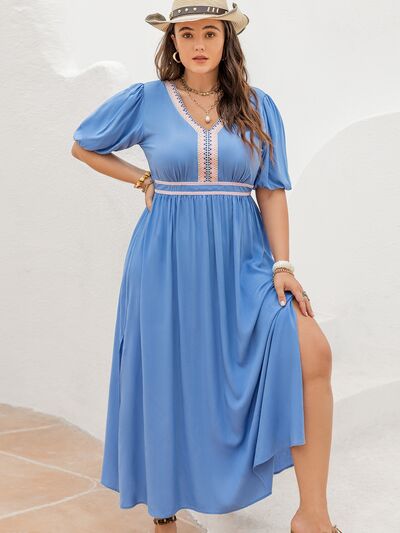 swvws Plus Size Slit V-Neck Short Sleeve Dress