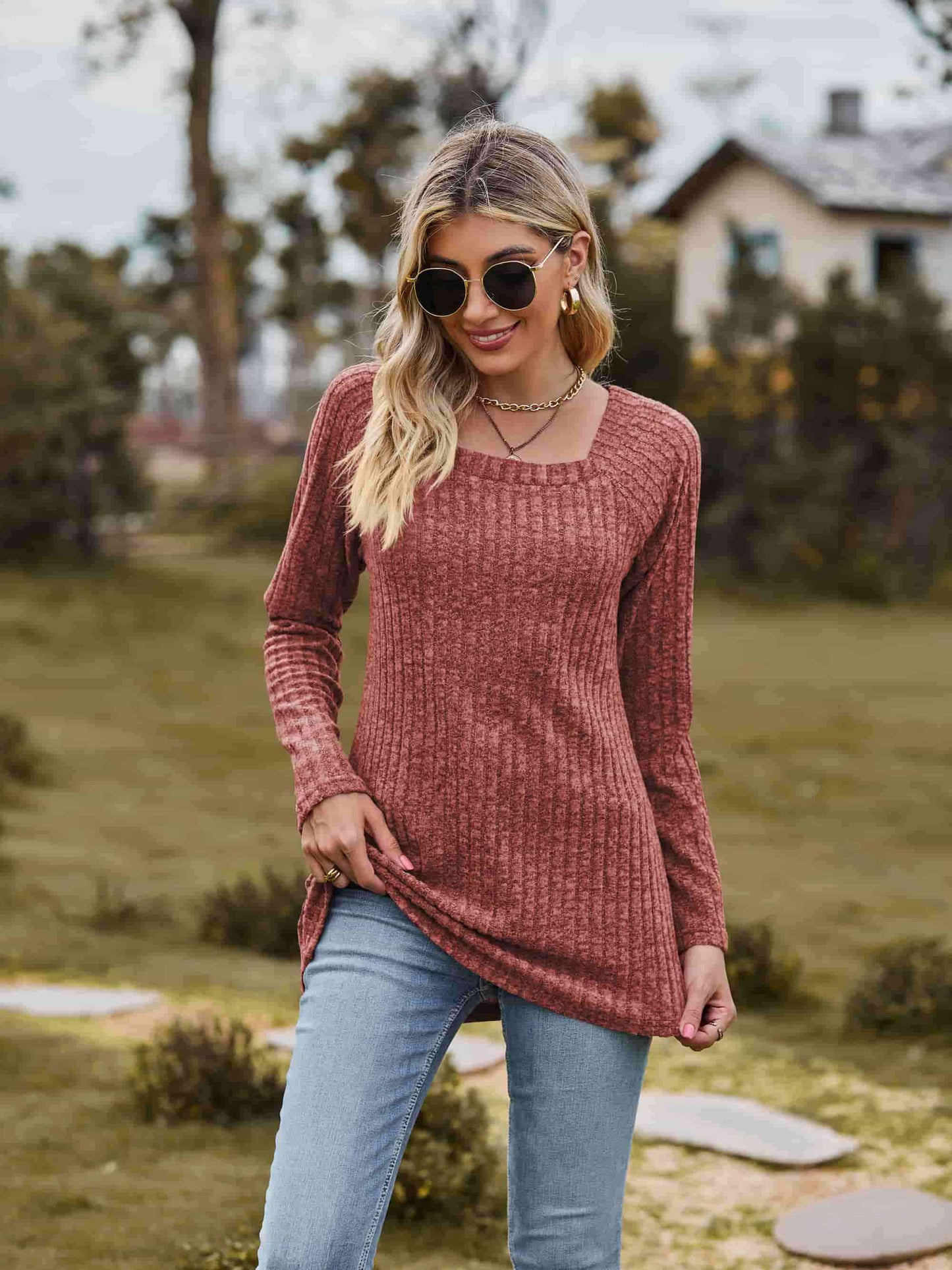 swvws Ribbed Square Neck Long Sleeve Tee