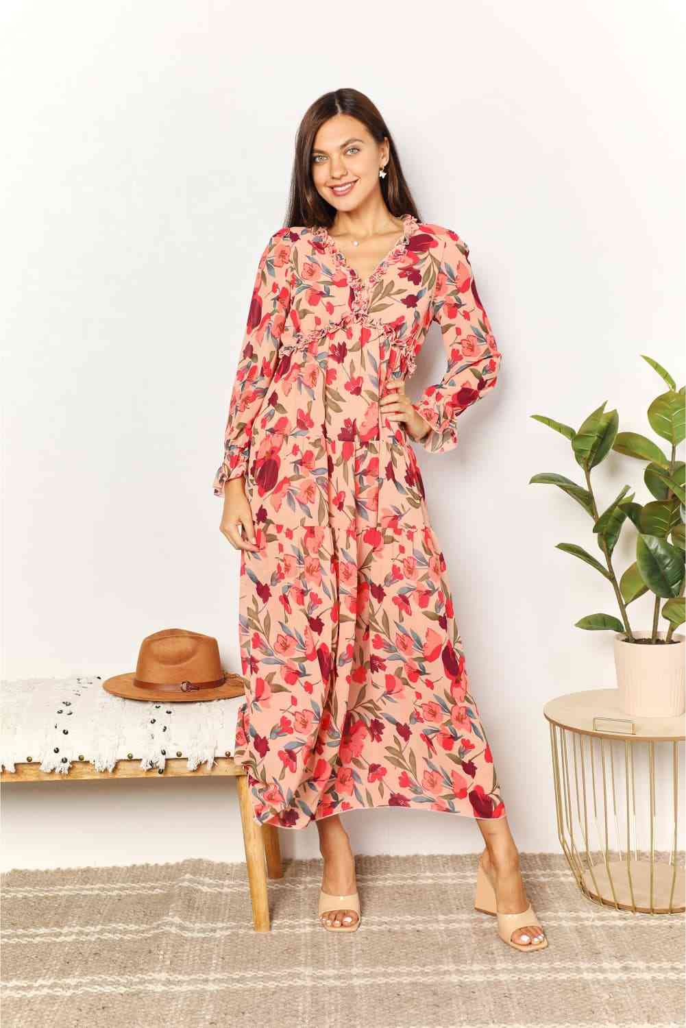 swvws Double Take Floral Frill Trim Flounce Sleeve Plunge Maxi Dress