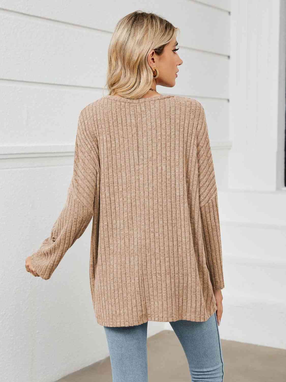 swvws Round Neck Ribbed Long Sleeve T-Shirt