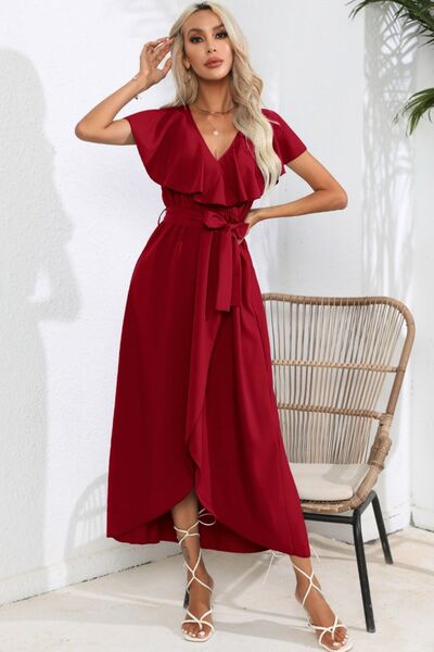 swvws Ruffled Tied V-Neck Midi Dress