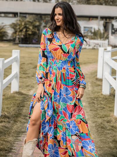 swvws Printed Smocked Tie Neck Balloon Sleeve Maxi Dress