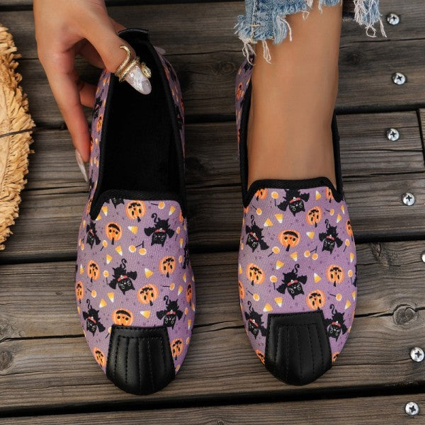 swvws - Halloween Cream White Casual Patchwork Printing Round Comfortable Flats Shoes