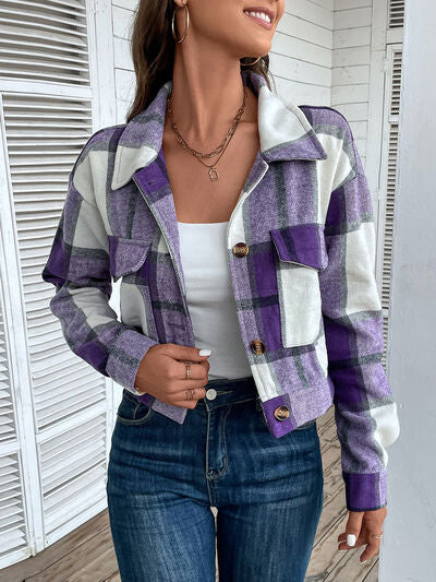 swvws Plaid Button Up Drop Shoulder Cropped Jacket