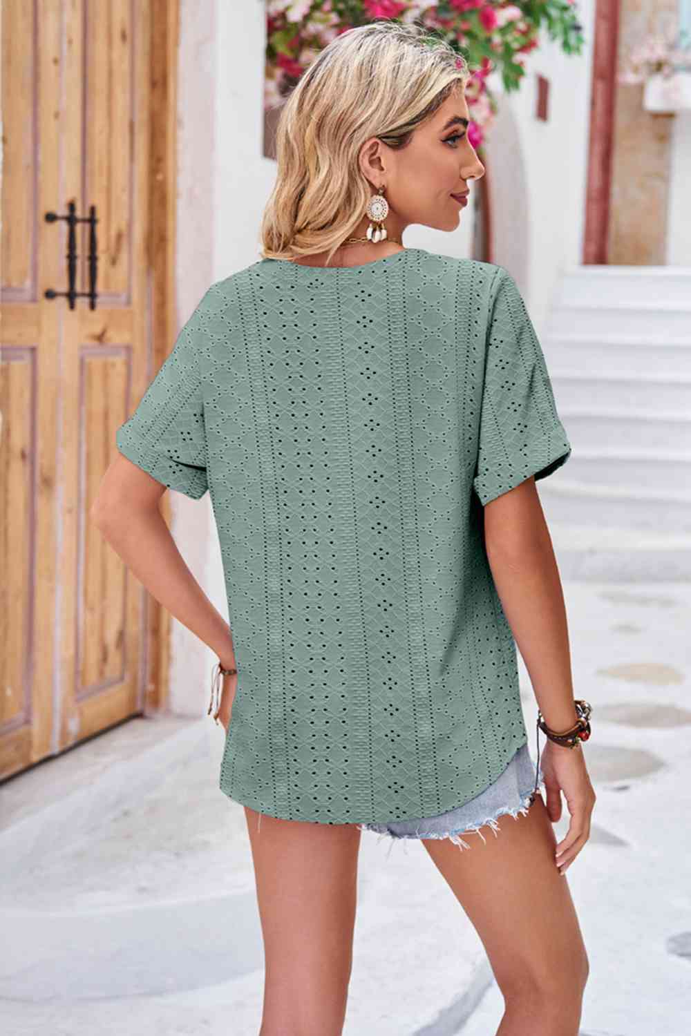 swvws Buttoned Notched Neck Eyelet Top