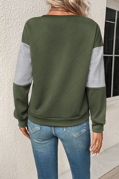 swvws Textured Color Block Round Neck Sweatshirt