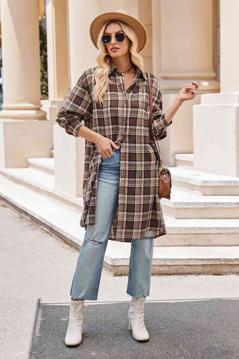 swvws Plaid Collared Neck Long Sleeve Coat