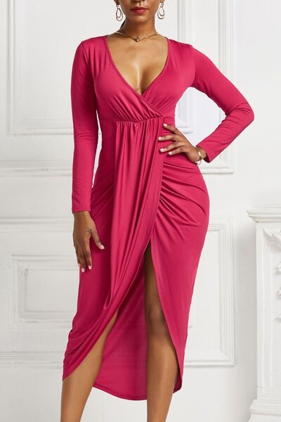 swvws High-low Ruched Surplice Long Sleeve Dress