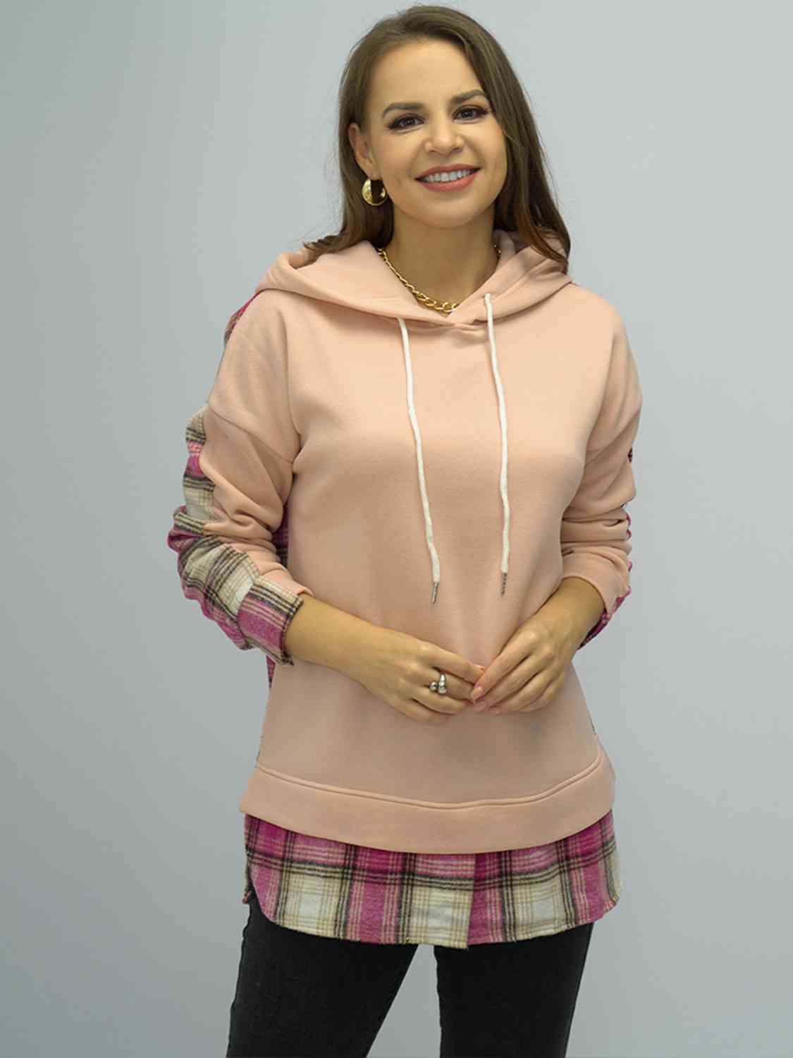 swvws Plaid Drawstring Drop Shoulder Slit Hoodie