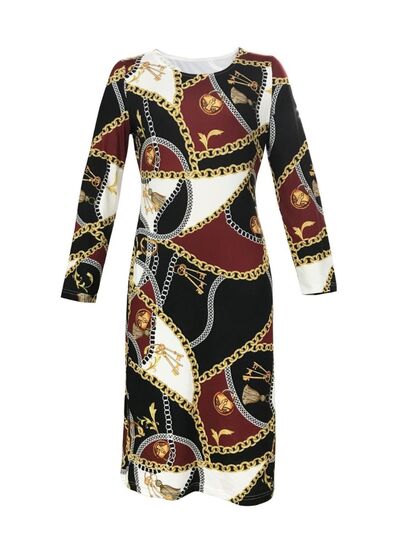 swvws Printed Round Neck Long Sleeve Midi Dress