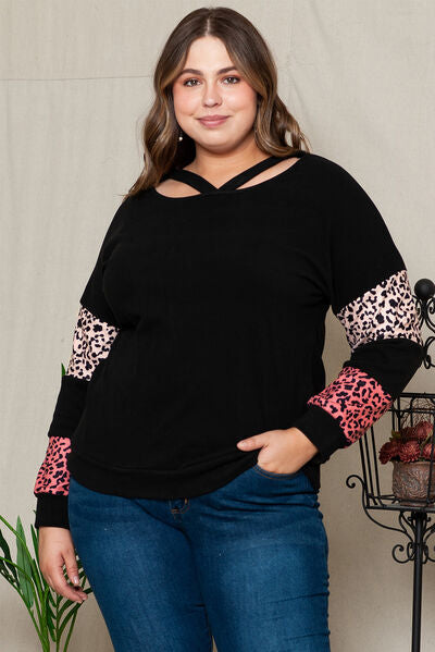 swvws Plus Size Leopard Dropped Shoulder Long Sleeve T-Shirt