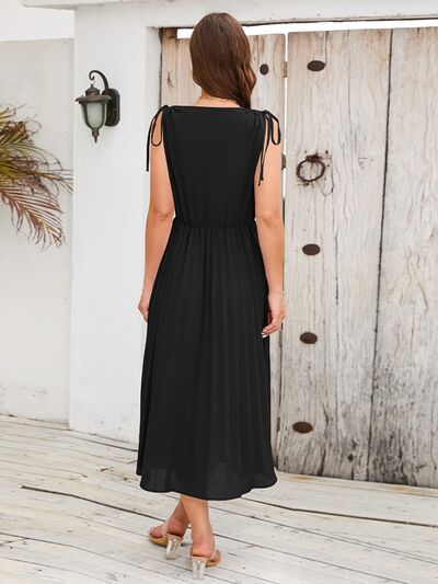 swvws Pleated V-Neck Sleeveless Midi Dress