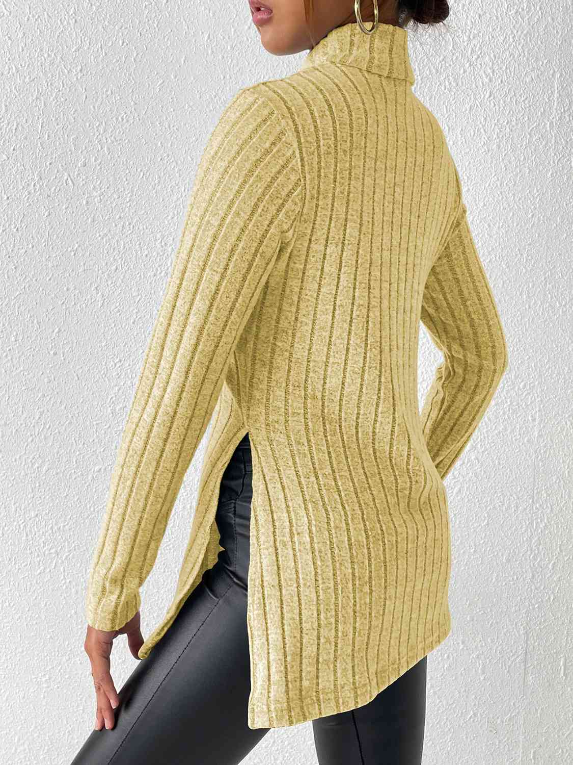 swvws Ribbed Turtleneck Long Sleeve Slit T-Shirt