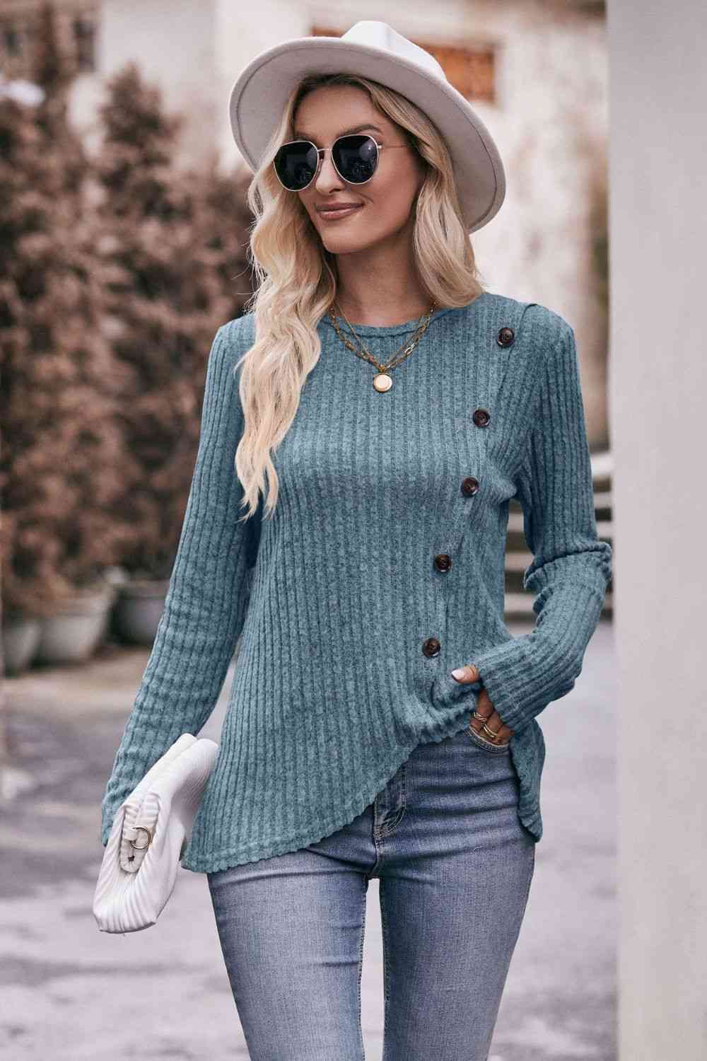 swvws Double Take Ribbed Round Neck Buttoned Long Sleeve Tee