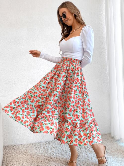 swvws Printed Ruffle Hem Midi Skirt