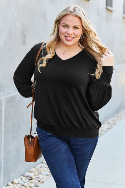 swvws Basic Bae Full Size V-Neck Lantern Sleeve Blouse