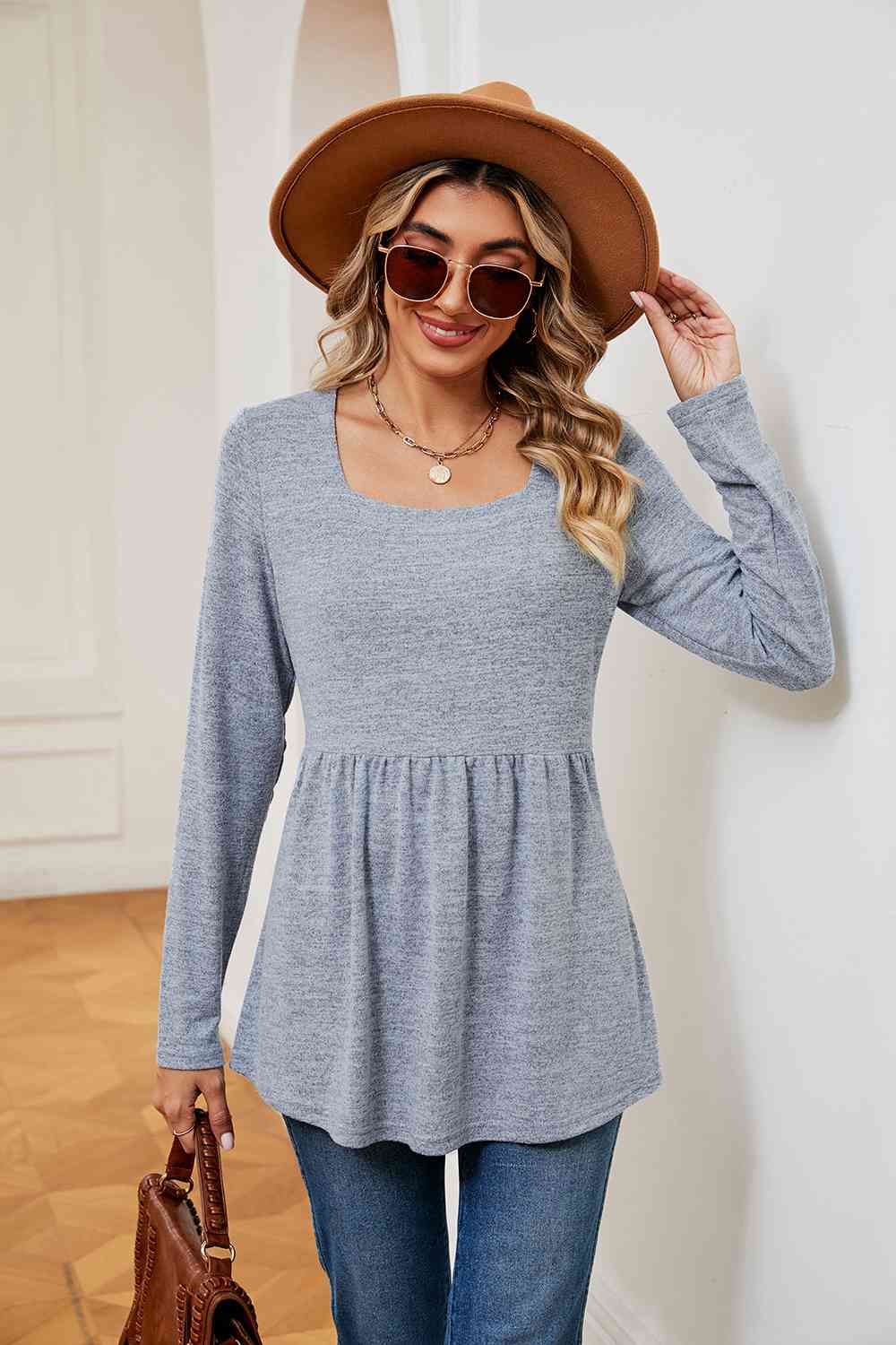 swvws Square Neck Long Sleeve Peplum Top