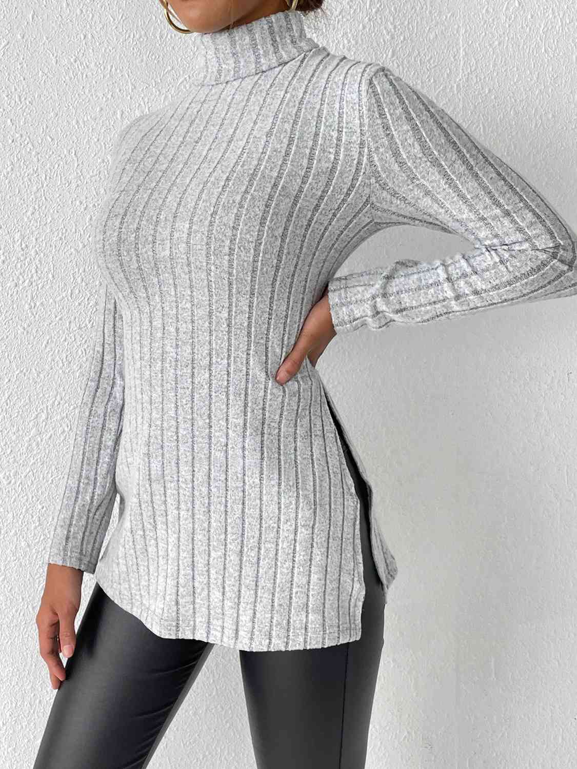 swvws Ribbed Turtleneck Long Sleeve Slit T-Shirt