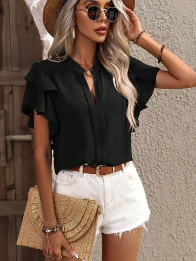 swvws Ruffled Notched Short Sleeve Blouse