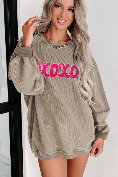 swvws XOXO Sequin Round Neck Dropped Shoulder Sweatshirt