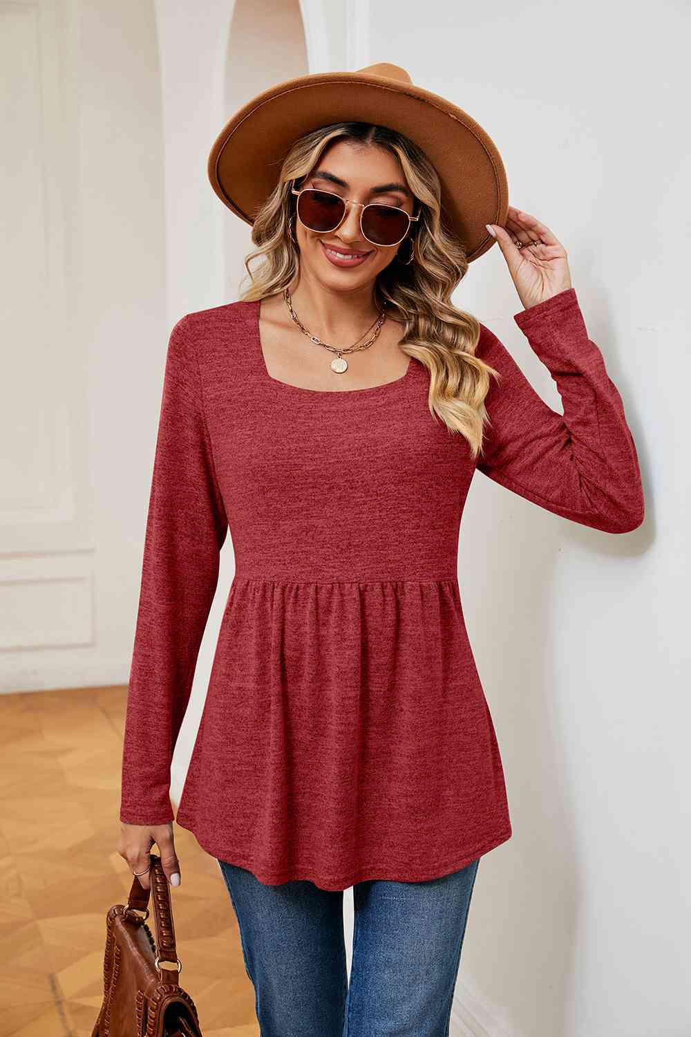 swvws Square Neck Long Sleeve Peplum Top