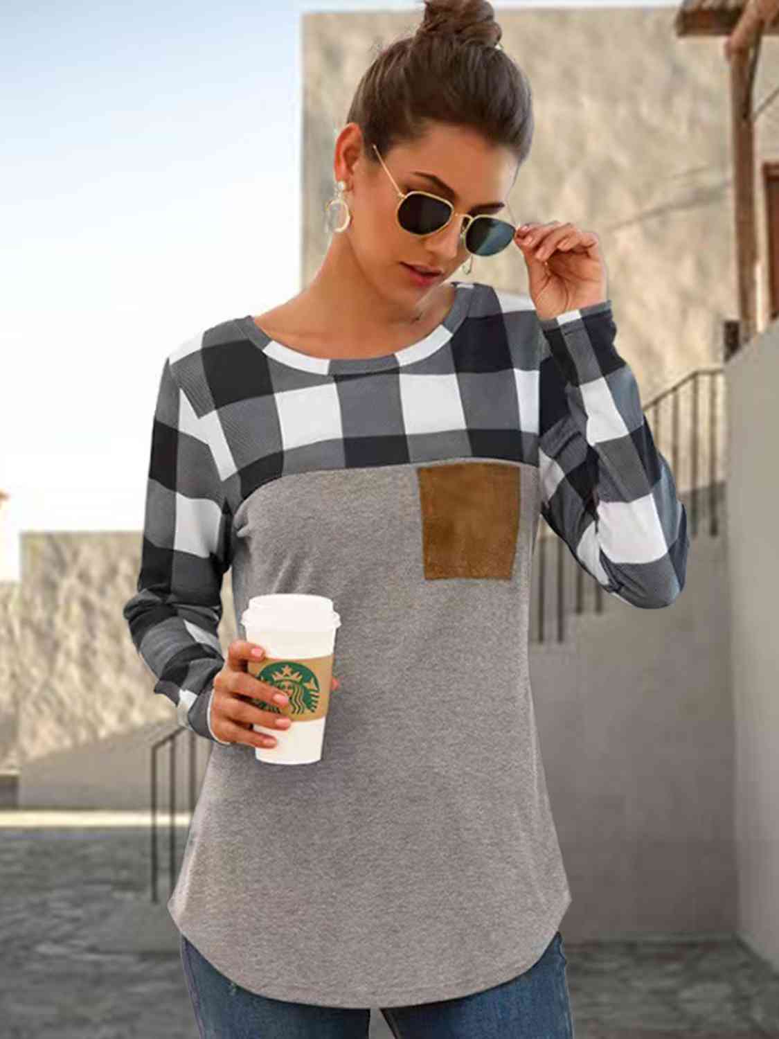 swvws Plaid Round Neck Long Sleeve T-Shirt