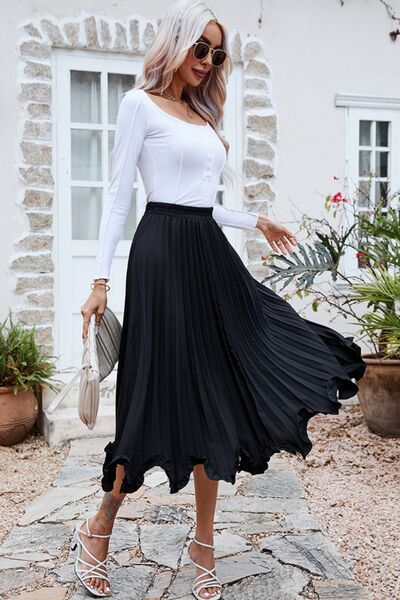 swvws Frill Trim Pleated Elastic Waist Skirt