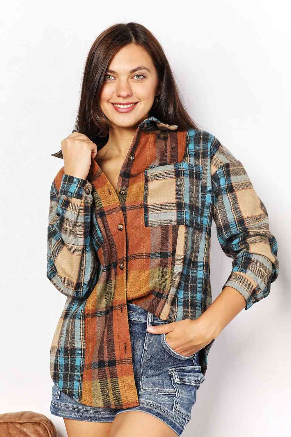 swvws Double Take Plaid Curved Hem Shirt Jacket with Breast Pockets