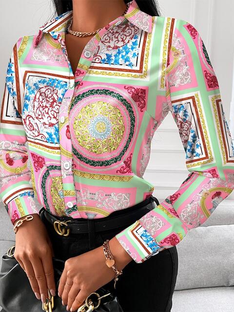 swvws Printed Collared Neck Long Sleeve Shirt