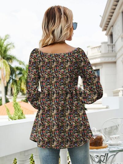 swvws Printed Scoop Neck Lantern Sleeve Blouse