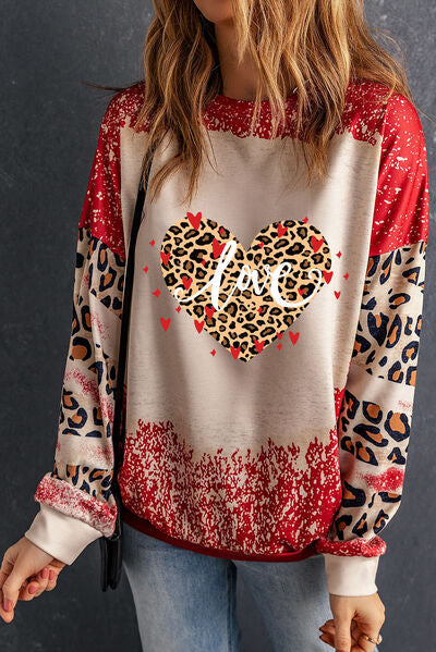 swvws LOVE Heart Leopard Round Neck Sweatshirt