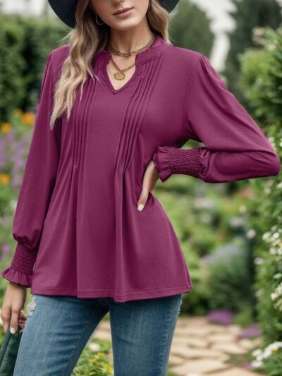 swvws Notched Smocked Flounce Sleeve Blouse