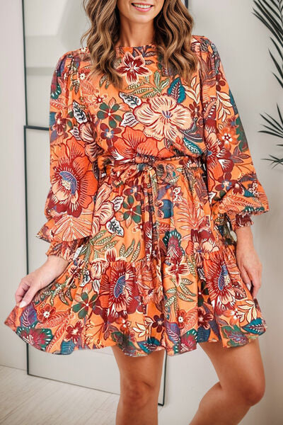 swvws Tropical Print Tie Waist Lantern Sleeve Mini Dress