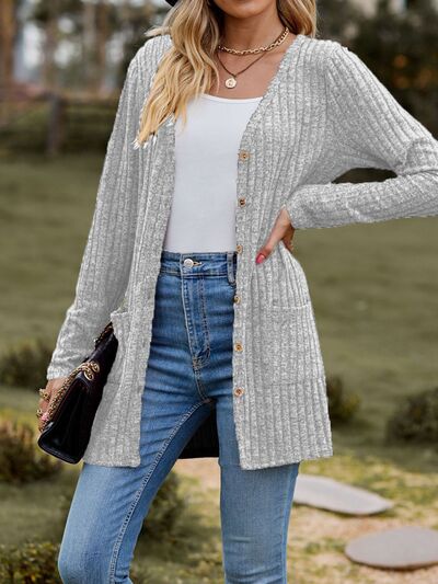 swvws Ribbed Button Up Long Sleeve Cardigan