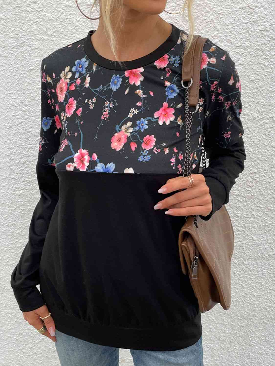 swvws Floral Print Round Neck Dropped Shoulder Tee