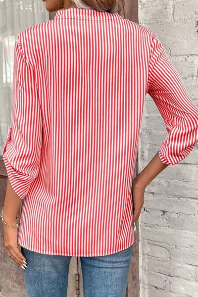 swvws Striped Notched Roll-Tab Sleeve Shirt