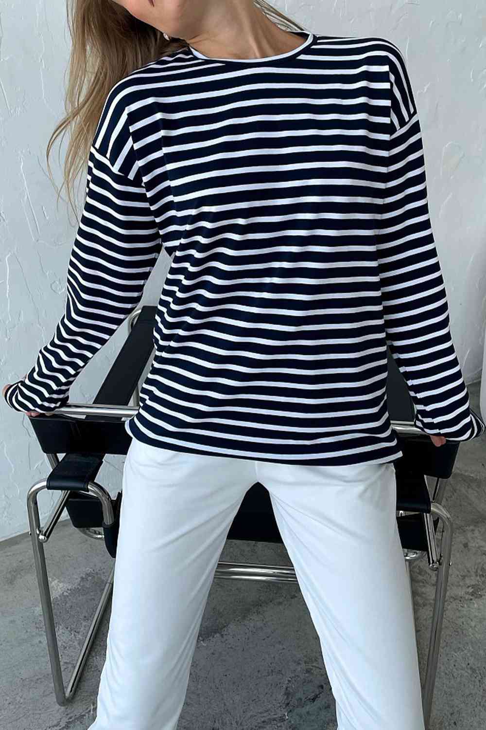 swvws Round Neck Striped Dropped Shoulder T-Shirt