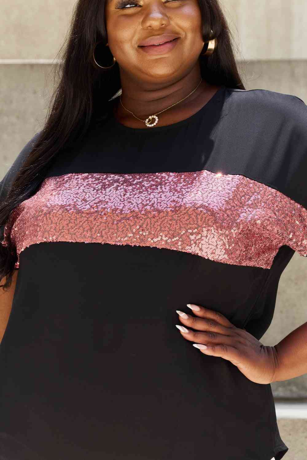 swvws Sew In Love Shine Bright Full Size Center Mesh Sequin Top in Black/Mauve