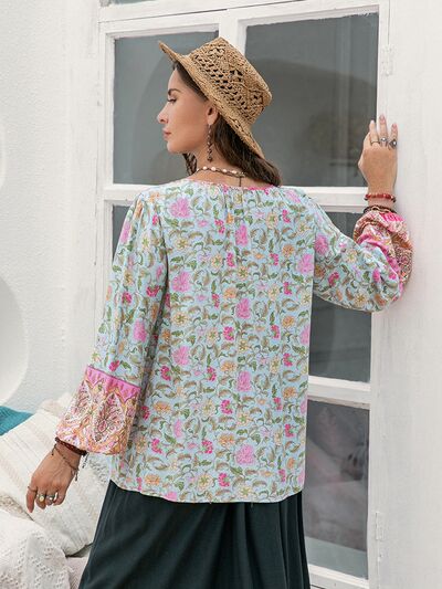 swvws Plus Size Tie Neck Tassel Printed Blouse