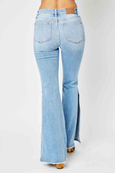 swvws Judy Blue Full Size Mid Rise Raw Hem Slit Flare Jeans