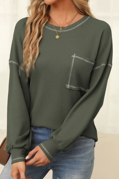 swvws Contrast Stitching Waffle-Knit Round Neck Blouse